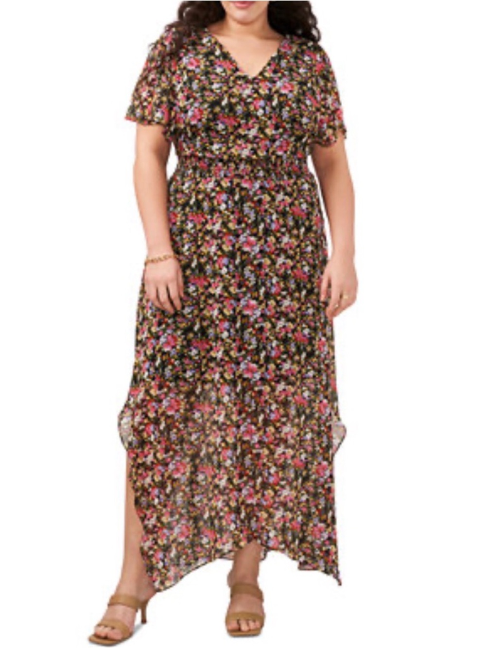 MSK Womens Black Floral V-Neck Maxi Dress